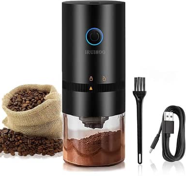 Moedor de café elétrico portátil, Iruihoo 4 xícaras pequeno moedor cônico automático moedor de grãos de café com configuração multi moagem para espresso gotejamento despeje sobre prensa francesa, USB recarregável (Preto)