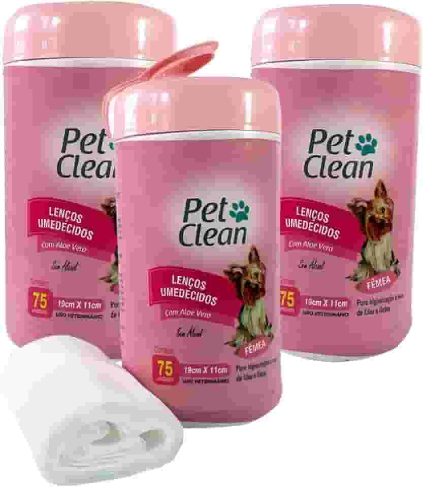 Pet Clean Lenços Umedecidos com Aloe Vera, 3 Potes com 75 Unidades, 19x11cm, para Cães e Gatos
