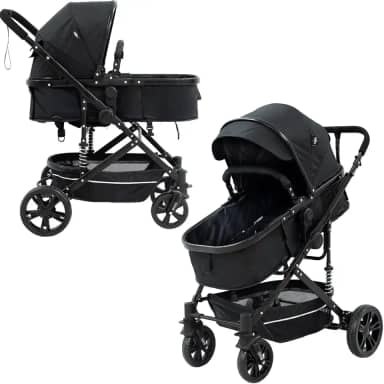 Carrinho de Bebê Passeio Reversível Moisés 2 em 1 Baby Style Wonder 15Kg Dobrável Compacto Confortável Assento Ajustável Capota Cesto 4 Rodas Preto