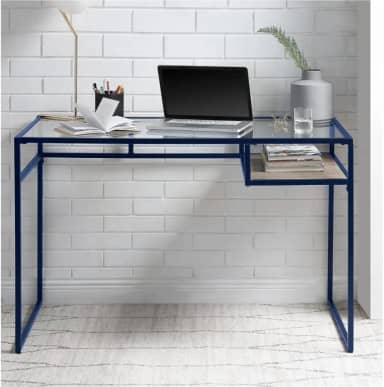 Mesa de computador de vidro com armazenamento para quarto azul e vidro 122 cm C x 61 cm L x 78 cm A