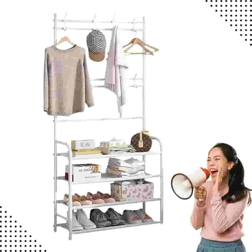 Sapateira Organizador com Cabideiro de Chão e 4 Prateleiras | Arara Multiuso Vertical para Roupas, Bolsas e Sapatos Branco)