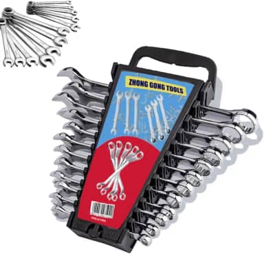 Jogo de Chaves Combinadas Cromo-Vanádio 6-22mm com Suporte Organizador, Kit Profissional 12 Peças para Reparos Automotivos e Industriais, Ferramentas Antidesgaste