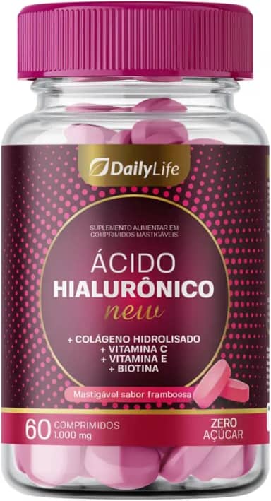 Acido Hialuronico 100mg + Colageno Hidrolisado + Vitaminas C E Biotina Mastigavel Sabor Framboesa 60 Comprimidos - Daily Life