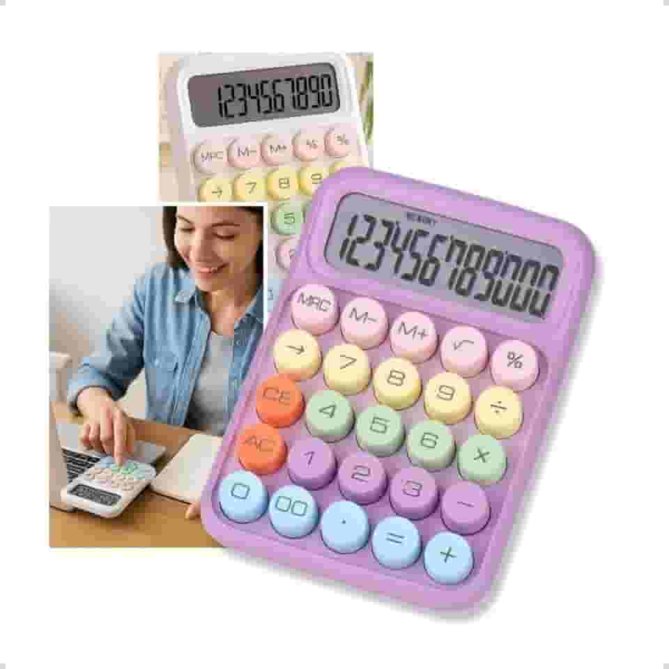 Calculadora Digital Colorida com Visor LCD, Botões Mêcanico, Digitos Grande, Desligamento Automático, Tela Inclinada 15°, Base Antiderrapante (Pink)