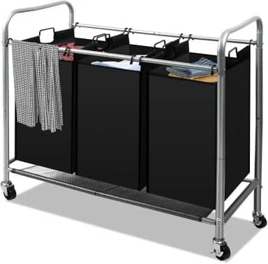 3 Sacos de Cesto de Roupa Suja, Cesto de Roupa Suja com Divisoria, 3 Bag Laundry Hamper Carrinho com Rodas Bloqueáveis de Rolamento Resistente E Sacos Removíveis
