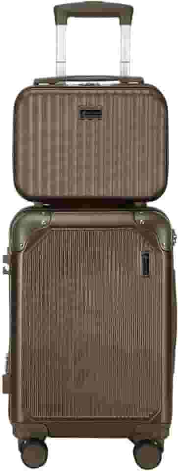 Mala de Viagem de Bordo 10Kg Zíper EXPANSÍVEL Padrão ANAC Rígida Rodas duplas 360° Porta Copo Cadeado AntiFurto Resistente Espaçosa + Frasqueira (Marrom)