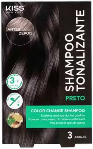 Shampoo Tonalizante Kiss New York para Cabelo Preto, 3 Unidadesde x 30ml, Cobertura de Fios Grisalhos, Coloração Sem Amônia
