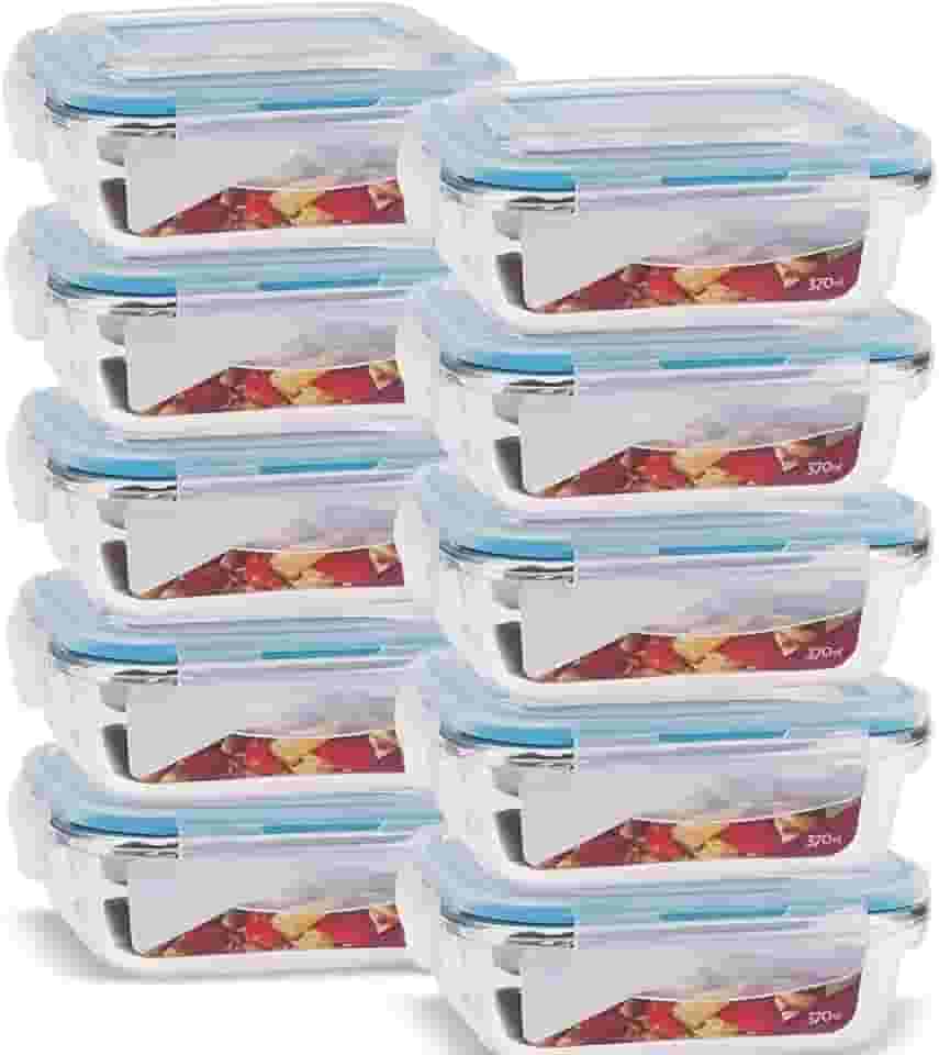 Kit 10 Potes Herméticos 370ml Tampa Azul Vedação Silicone Vidro Temperado Para Cozinha e Marmitas
