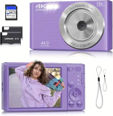 Câmera digital, câmera 4K com foco automático para fotografia com cartão de 64 GB, câmera digital compacta portátil de 44 MP para adolescentes adultos e crianças iniciantes com zoom de 16x