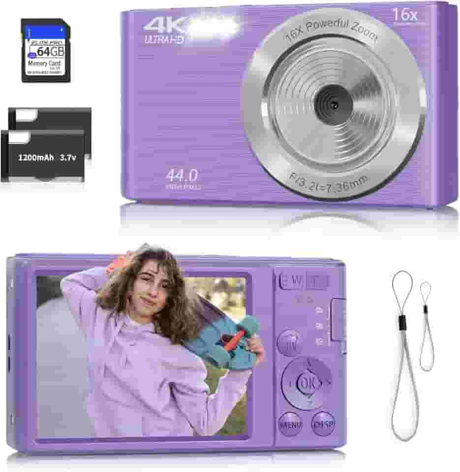 Câmera digital, câmera 4K com foco automático para fotografia com cartão de 64 GB, câmera digital compacta portátil de 44 MP para adolescentes adultos e crianças iniciantes com zoom de 16x