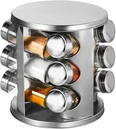 Porta Temperos Condimento Giratorio Inox com 12 Potes de Vidro - Kit Pratico e Elegante para Organizar e Valorizar sua Cozinha