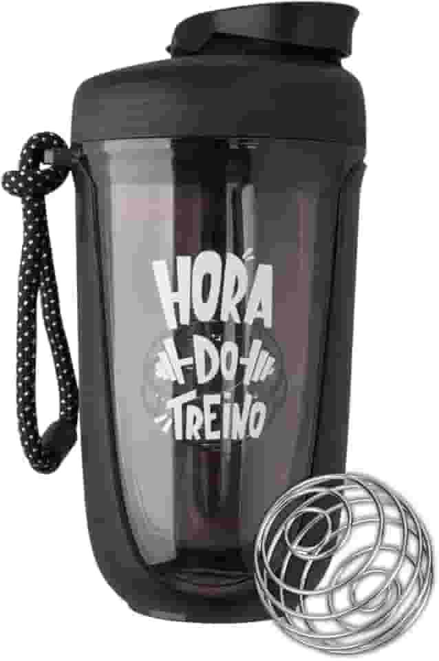 Coqueteleira Shakeira Whey para Academia e Treino com Misturador e Alça Esfera Mola Frase Hora do Treino 550 Ml (Preto)