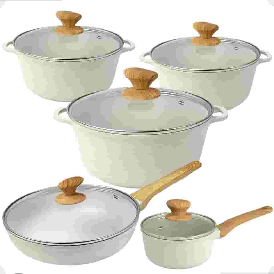 Conjunto de Panelas e Frigideiras em Cerâmica 5 Peças Alças em Madeira Tampa de Vidro PFOA livre. (Branco)