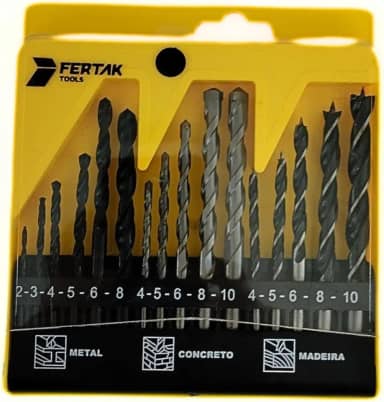 Kit Jogo Estojo com Brocas para Metal Concreto Madeira com 16 Peças Profissional Fertak