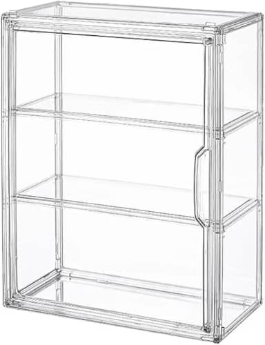 BOHOIDEE Vitrine transparente de 3 camadas para figuras, caixa organizadora de armazenamento em acrílico com porta magnética, vitrine à prova de poeira montada na parede para figuras de ação