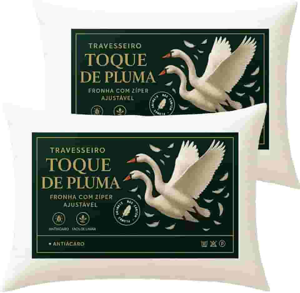 Kit 2 Travesseiro Toque de Pluma, Macio e Aconchegante, Antialérgico, Capa com Zíper, Altura Ajustável, Toque de Pluma de Ganso, Modelo Americano