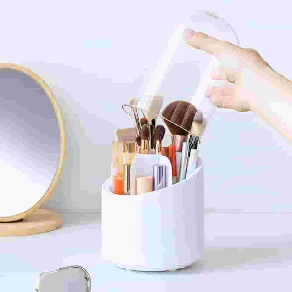 Porta Pincel GolsClin Giratório 360° com Tampa – Organizador de Maquiagem em Acrílico com 7 Divisórias | Protege da Poeira e Mantém Tudo Organizado