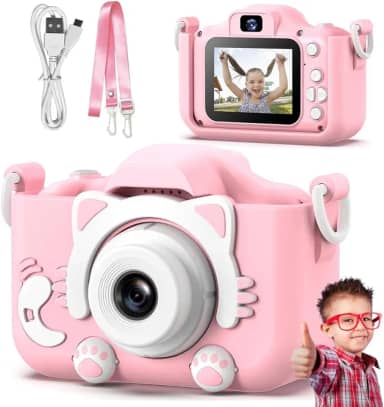Câmera Digital Infantil Portátil HD com Jogos Divertidos | Rosa Gatinho | Recarregável, Capa de Silicone Inclusa | Fotos, Vídeos e Filtros HD