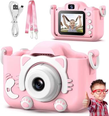 Câmera Digital Infantil Portátil HD com Jogos Divertidos | Rosa Gatinho | Recarregável, Capa de Silicone Inclusa | Fotos, Vídeos e Filtros HD
