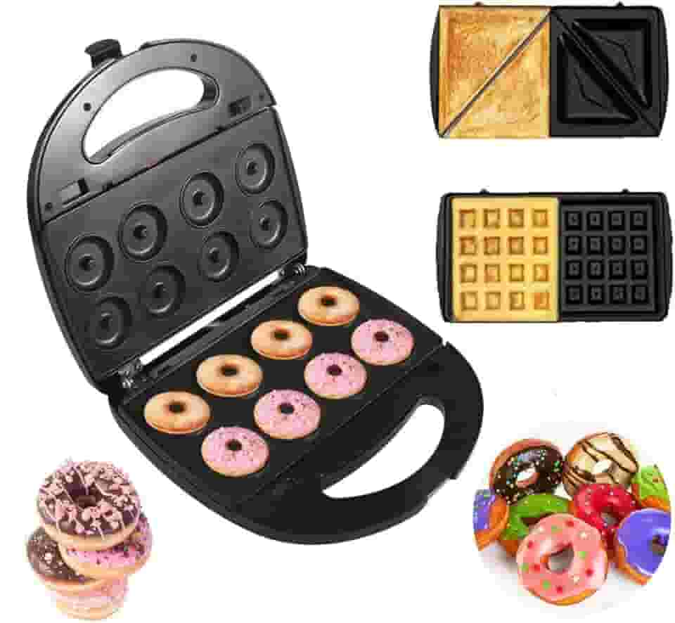 KOLENSA Máquina De Donuts, Elétrica Sanduíche E Waffle 3 Em 1, Torradeira Para Sobremesas Panini Com Placas Antiaderentes Removíveis, Conjunto Ferro Intercambiável 750 W, Uso No Café Da Manhã Chá Ta