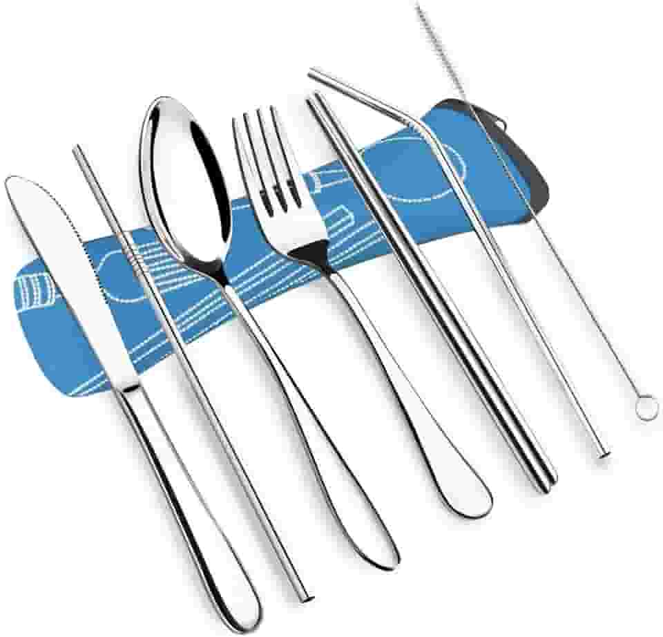 Kit Talheres Portáteis Aço Inox 7 Peças Com Estojo Para Camping (Azul-Claro)