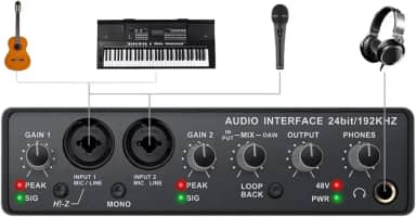 Q-24 Interface de audio,placa de som profissional de canal USB 2.0 DC 5V de alta velocidade, função de monitor para estúdio/gravação musical/jogos/Equipamentos para Gravação Musical