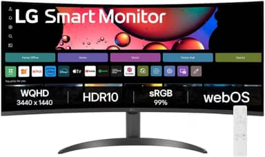 LG Monitor inteligente 34SR60QC curvo (1800R) UltraWide 21:9, WQHD de 34 polegadas (3440 x 1440), HDR10 99% sRGB (tipo), 100Hz, alto-falante embutido, webOS, AirPlay2, compartilhamento de tela