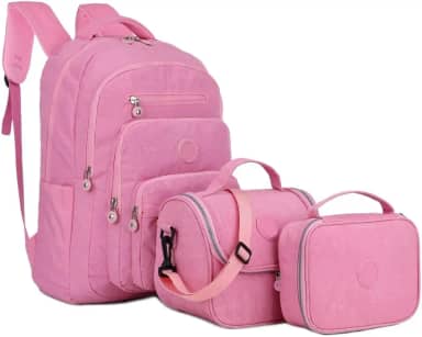 Kit Mochila Escolar Espaçosa Alça Costa Acolchoada Reforçada Estojo Box Porta Lápis Bolsa Térmica Lancheira Notebook Impermeavel Média Juvenil Faculdade Trabalho (Rosa Claro)