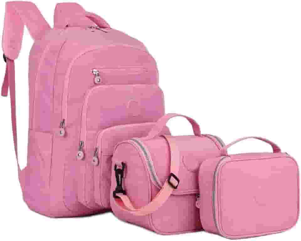 Kit Mochila Escolar Espaçosa Alça Costa Acolchoada Reforçada Estojo Box Porta Lápis Bolsa Térmica Lancheira Notebook Impermeavel Média Juvenil Faculdade Trabalho (Rosa Claro)