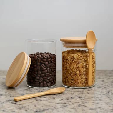Kit Potes de Vidro Herméticos 450ml Cozinha - Tampa Bambu + Colher - 2 Unidades Livre BPA, Potes para Mantimentos e Temperos - Moderno e Elegante