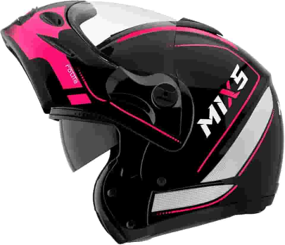 Capacete de Moto Mixs MX Captiva Route Brilhante Com Viseira Interna Solar Óculos de Sol Articulado Escamoteável Robocop Cinza Com Rosa