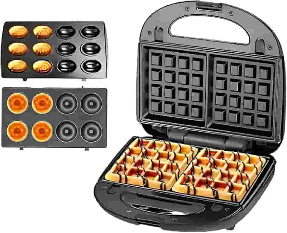 Máquina de Waffle, Donuts e Cupcake 3 em 1 - Placas Antiaderentes Removíveis. Aparelho Elétrico Multifuncional para Lanches e Sobremesas 110 V