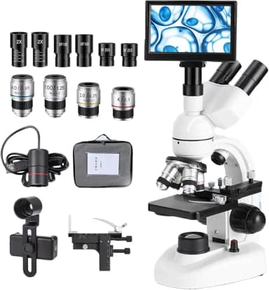 Microscópio óptico profissional 5000X,lente objetiva 4X, 10X, 40X, 100X, Equipado com ocular eletrônico e tela de exibição,Disponível desde o ensino primário até à universidade
