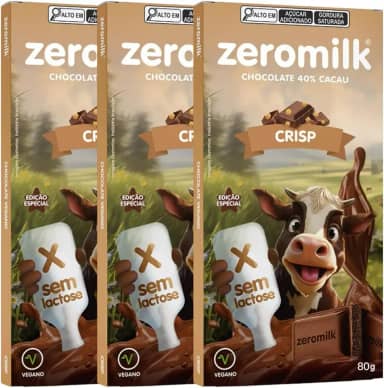 Kit com 3 Tabletes de Chocolate Vegano 40% Cacau com Flocos de Arroz (Crisp) de 70g cada - Zeromilk