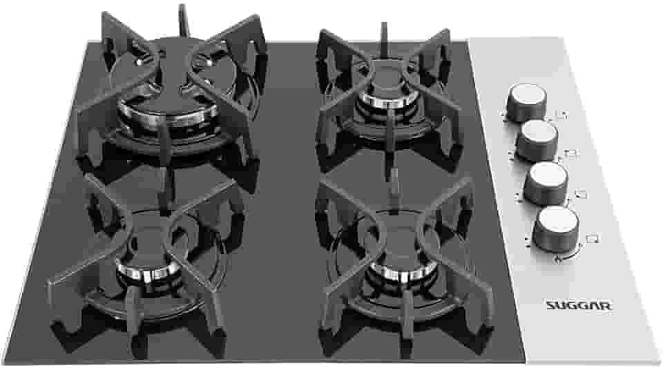 SUGGAR COOKTOP VIDRO PRETO E INOX A GÁS 4 QUEIMADORES ESMALTADOS DIFERENTES TAMANHOS TREMPES FERRO FUNDIDO FG4404FVPIX