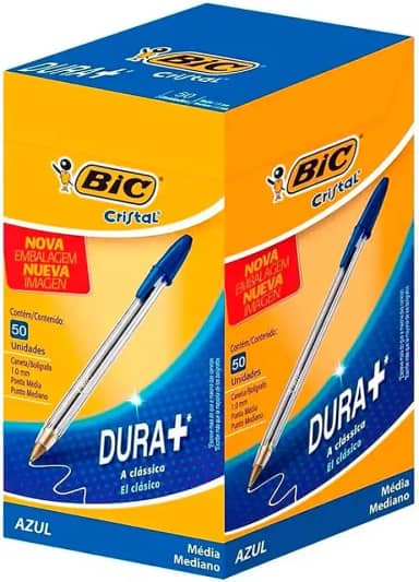 Caneta Bic Azul Cristal Dura Mais – Ponta Esferográfica Média de 1.0mm. Escrita Macia e Cor Intensa