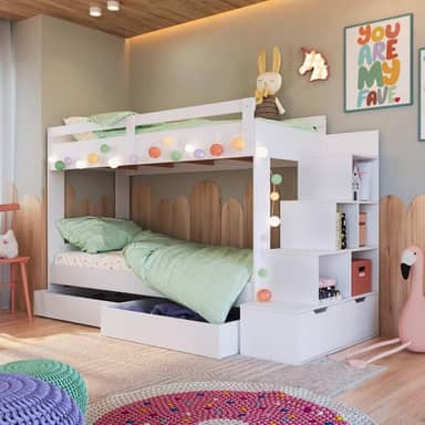 Cama Beliche Infantil Escada e Nichos com 2 Gavetões Branco