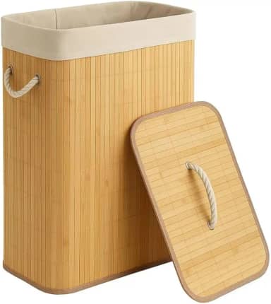 Cesto de Bambu Roupa Suja em Bambu Natural com Tampa 50L Alças de Corda Forro Removível Ideal Para Lavanderia Área de Serviço Banheiro e Quarto Premium