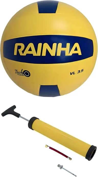 Bola de Vôlei Profissional Rainha 3.5 Amarela e Azul Com Bomba De Encher– Superfície Lisa, Oficial, Leve e Resistente para Jogos, Treinos, Quadra, Praia e Lazer.