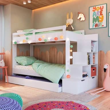 Cama Treliche Infantil com Escada e Cama Auxiliar Branco