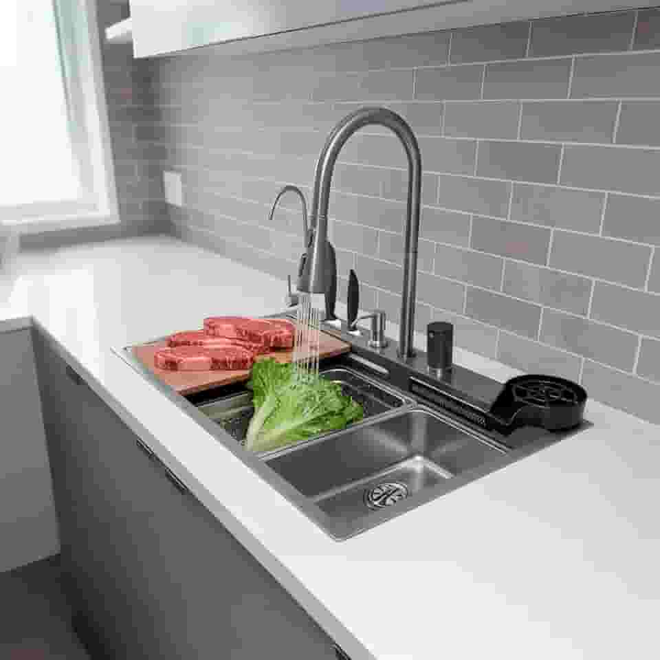 Cuba Gourmet Para Cozinha de Embutir Aço Inox 304 Com Torneira e Acessórios Multifuncional Texturizada