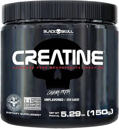 Black Skull Creatine Monohydrate - Suplementação para Treino, Performance, Ganho Muscular, Hipertrofia, Força e Resistência - Sem Sabor - Pote 150g