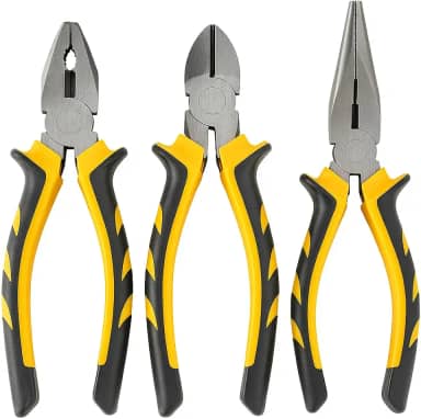 Kit com 3 Alicates Corte 6 polegadas Bico Meia Cana 6 polegadas e Universal 8 polegadas Profissional Cabo Emborrachado Amarelo e Preto Antiderrapante para Eletricista e Manutenção Premium