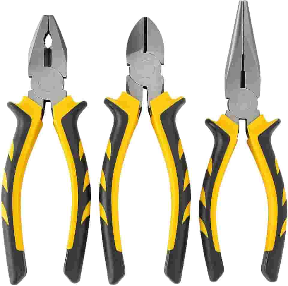 Kit com 3 Alicates Corte 6 polegadas Bico Meia Cana 6 polegadas e Universal 8 polegadas Profissional Cabo Emborrachado Amarelo e Preto Antiderrapante para Eletricista e Manutenção Premium