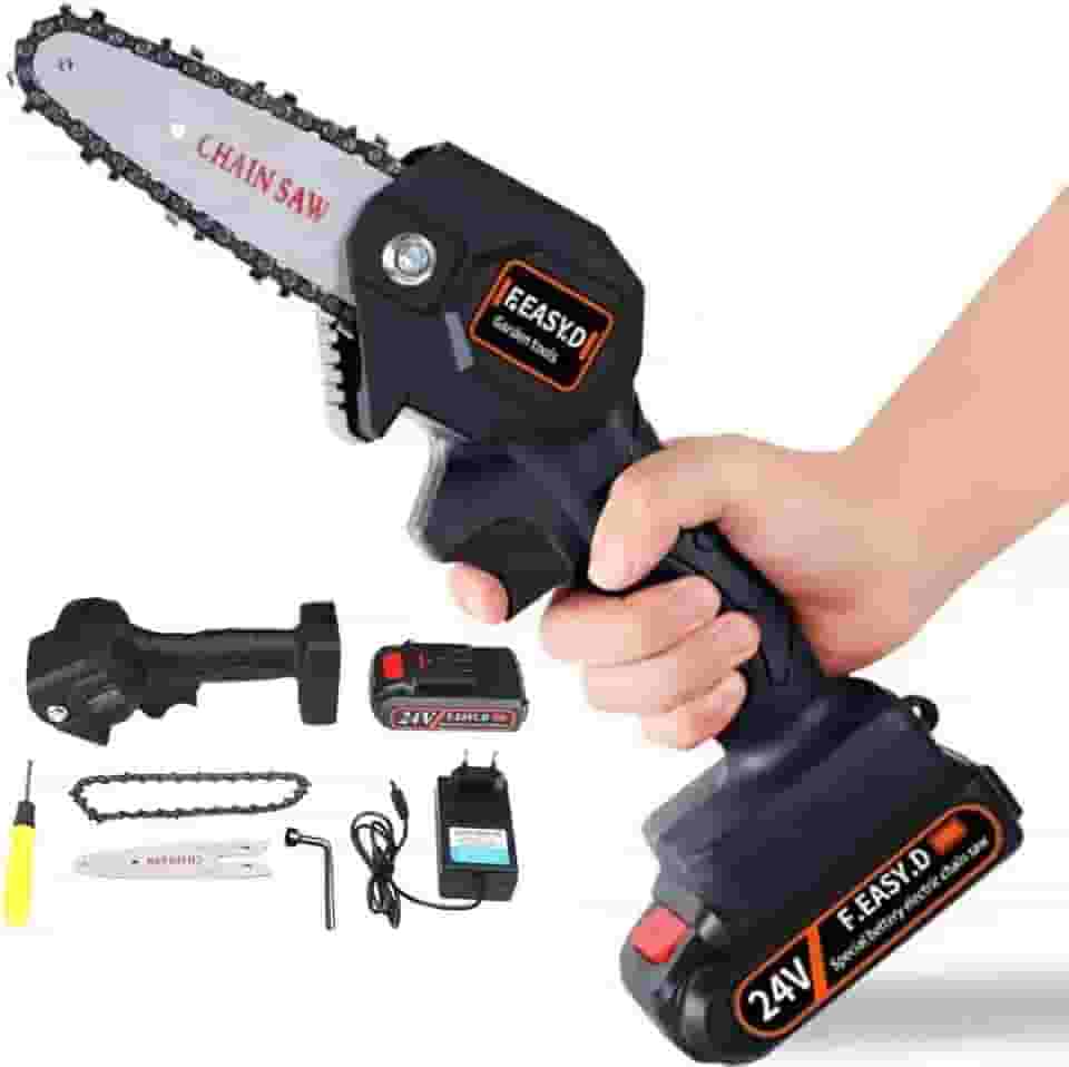 Mini Moto Serra Motosserra a Bateria Elétrica Portátil 600w 24v Carregador Bivolt Recarregável para Galhos Bambu e Madeira Sabre de 10cm 2000mah -CLICK FACIL - Serra Portátil