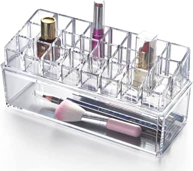 Acrílico Store Caixa Organizadora com 24 Compartimentos e Porta Batom Transparente Estilo Minimalista