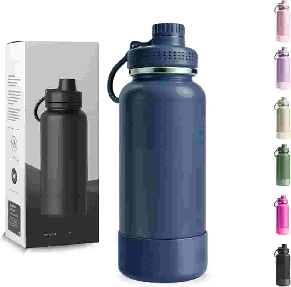 Garrafa Térmica 1000ML - Duplamente Isolada a Vácuo, Aço Inox 304, Capa Protetora da Base de Silicone, Mantém Bebidas Gelada 24 horas e Quente 12 horas (Azul Marinho Wide)