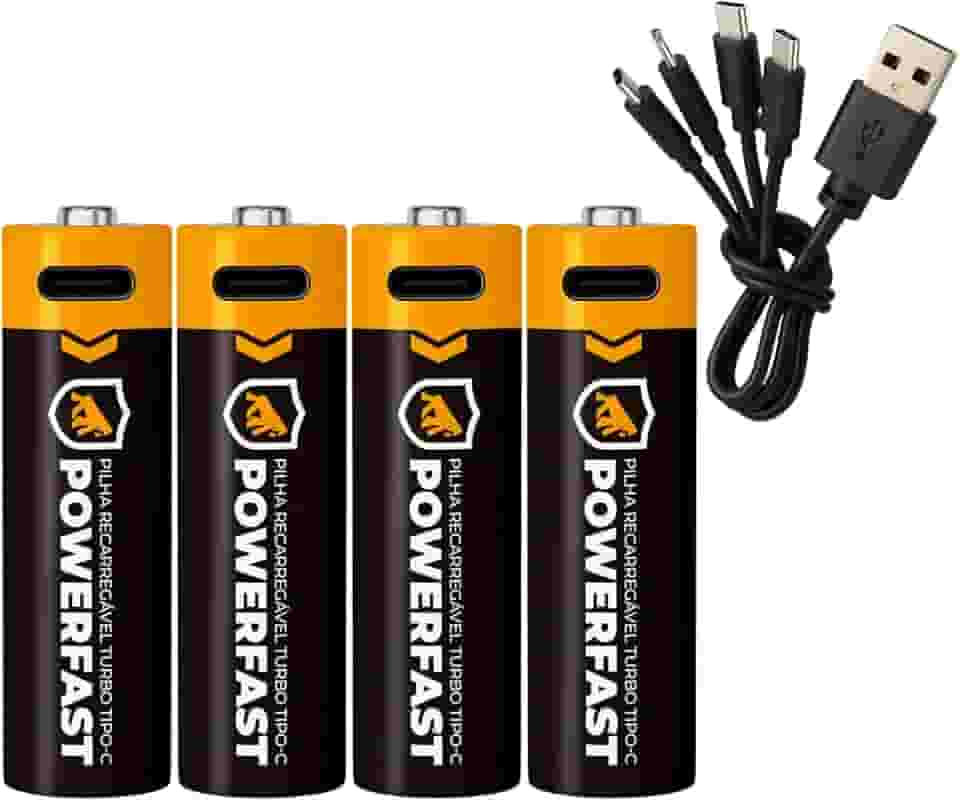 Gshield 4UN Pilha Recarregável USB-C Powerfast Carga Direta Rápida 1,5v até 1200 Ciclos (AA, 2600 mWh)