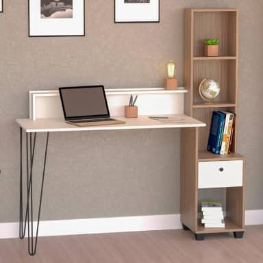 Escrivaninha Hairpin com Estante Nichos e Gaveta Branco