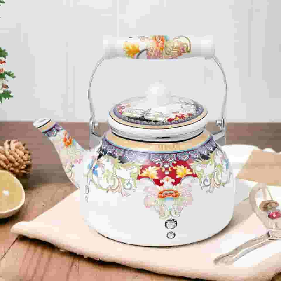 Chaleira Esmaltada Vintage 2,5L, Ferro com Revestimento em Esmalte, Cabo em Porcelana, para Fogão Elétrico, Gás, Indução e Lenha, 19x23x25cm